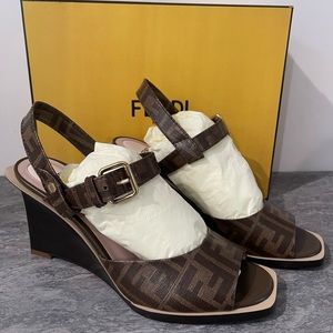 Fendi Logo Brown Wedge Sandals